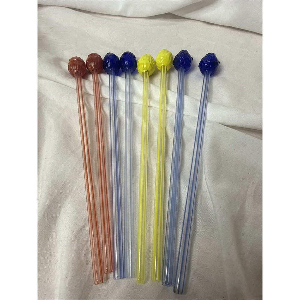 Vintage MCM Hand Blown Art Glass Flower Bud Cocktail Hollow Straw Swizzle Stir 8